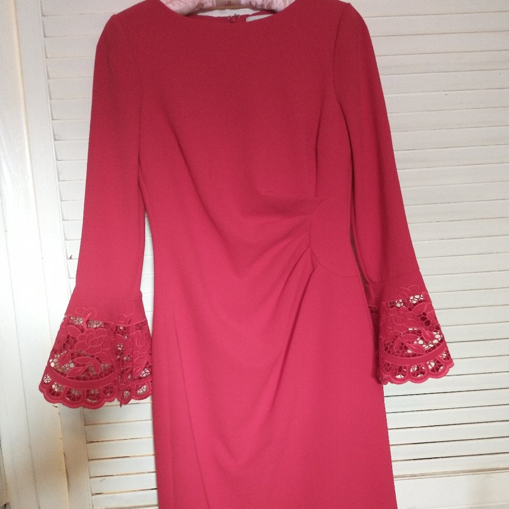 Rickie Freeman for Terri Jon pink red crepe dress sz 4 die cut bell sleeve
